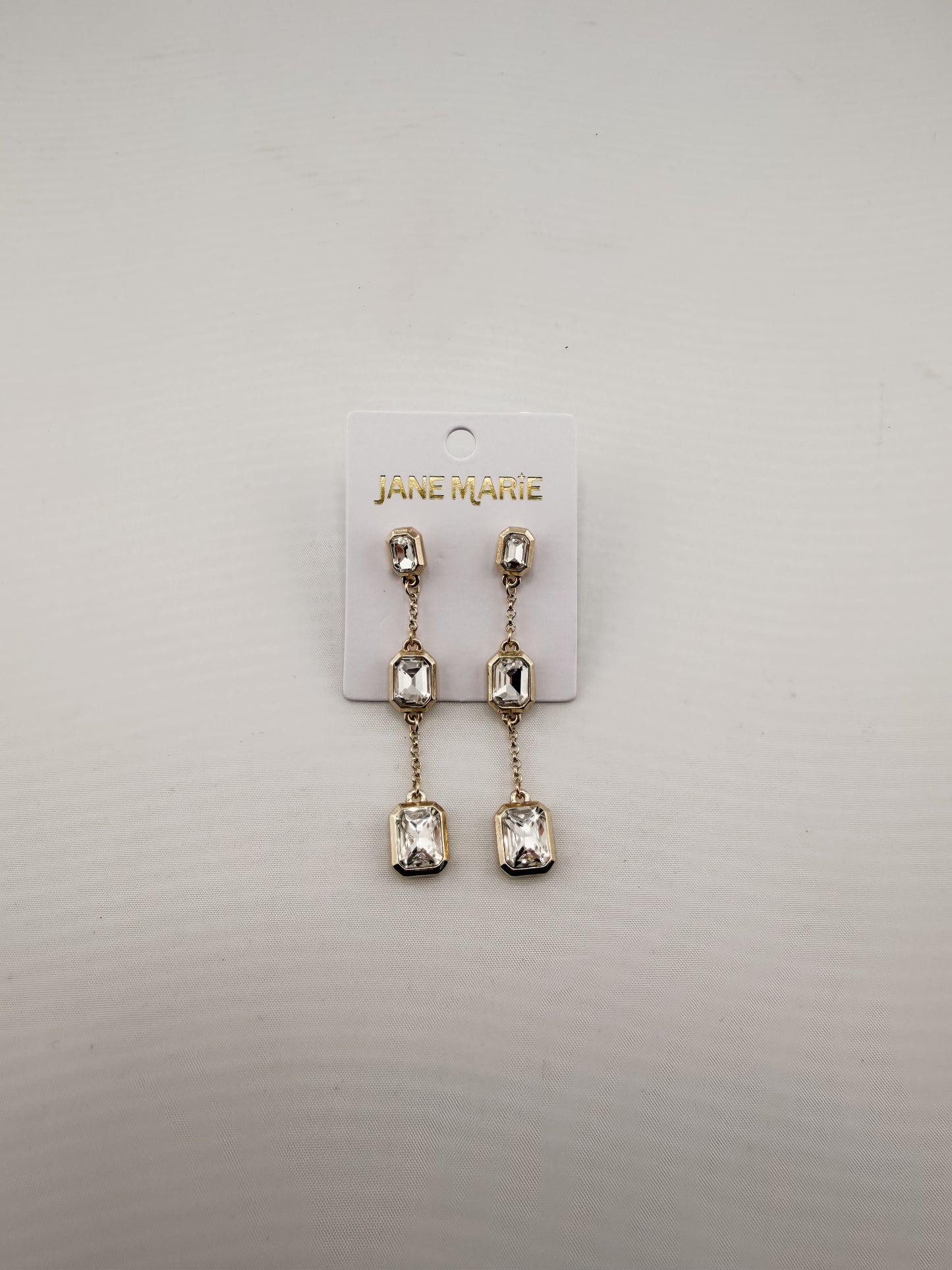 Gold Descending Clear Crystal Squares Earring
