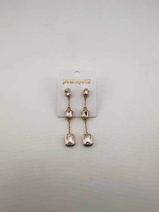 Gold Descending Clear Crystal Squares Earring