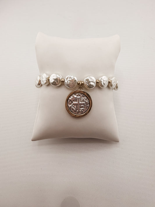 Salt Water Pearl with Cross Pendant Bracelet