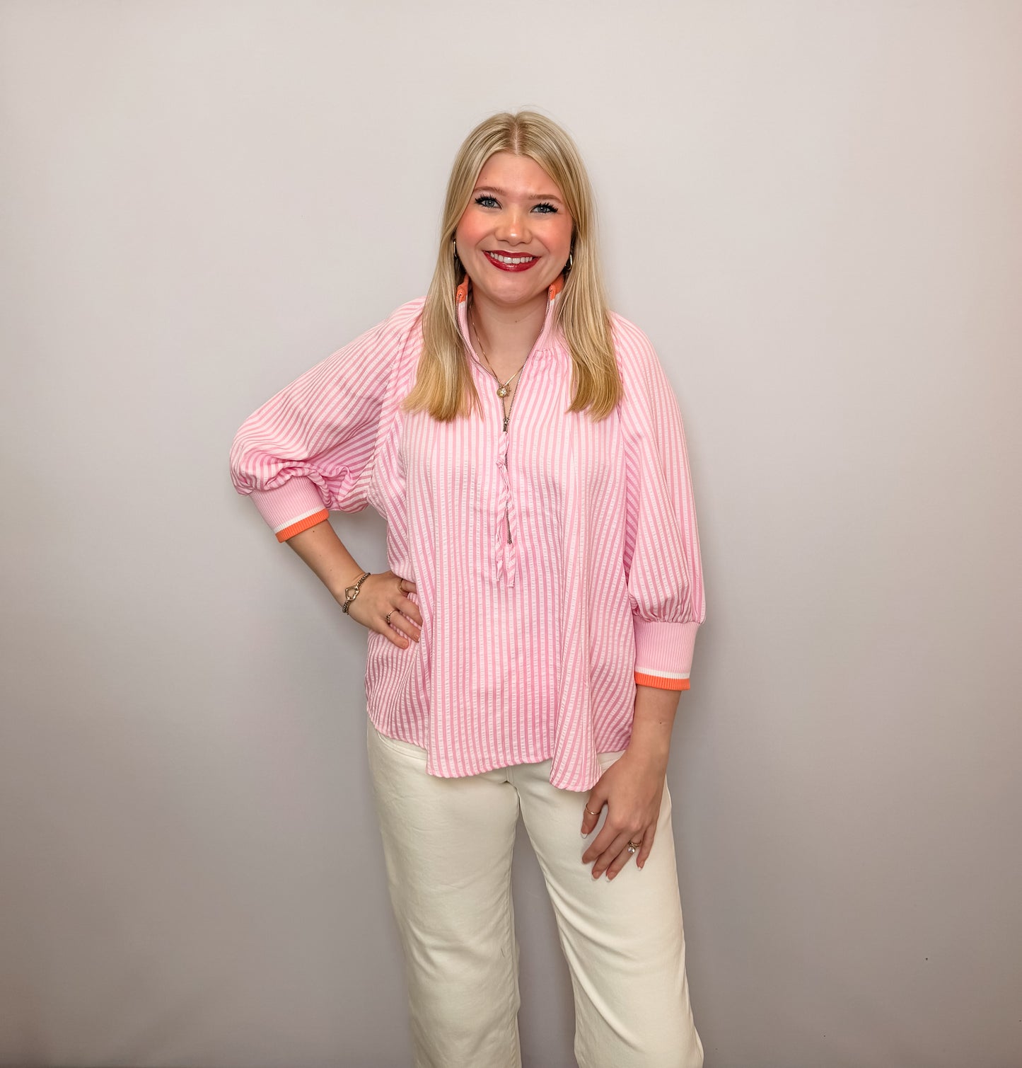 3/4 Sleeve Half Zip Striped Top