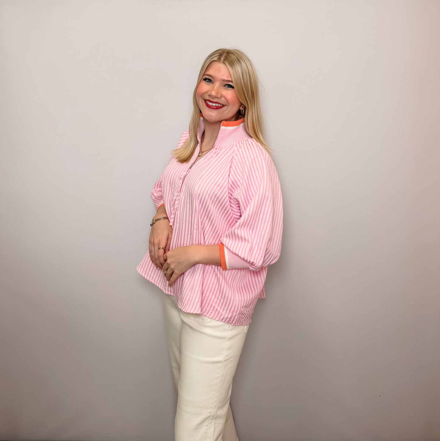 3/4 Sleeve Half Zip Striped Top
