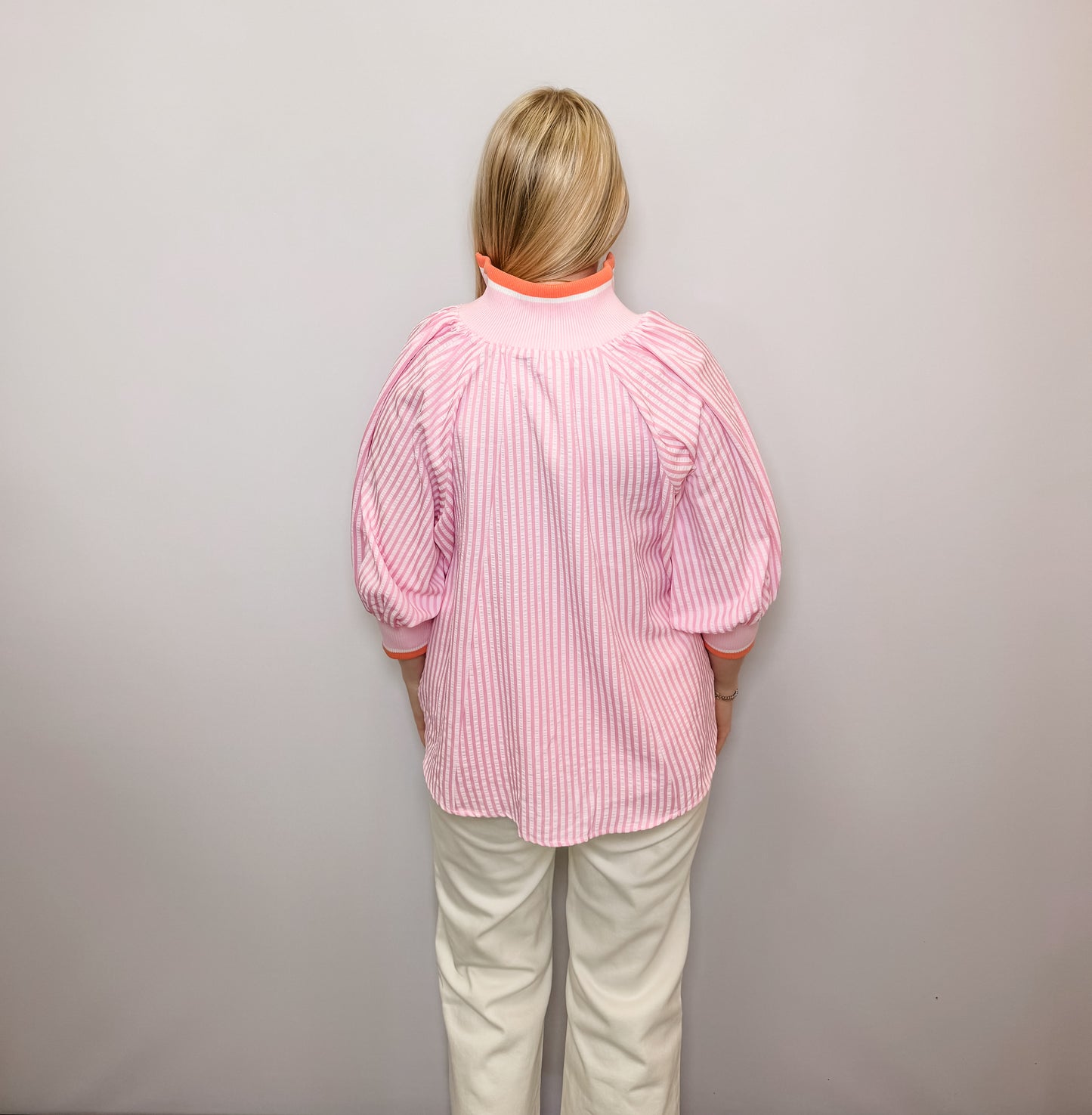 3/4 Sleeve Half Zip Striped Top