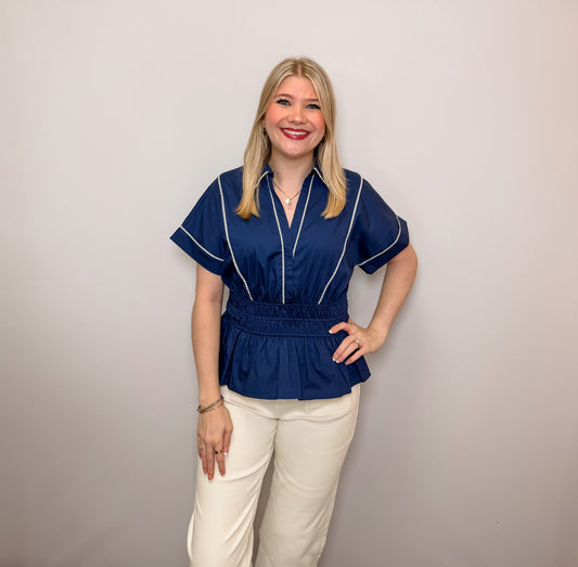 Drop Shoulder Short Sleeve Woven Top