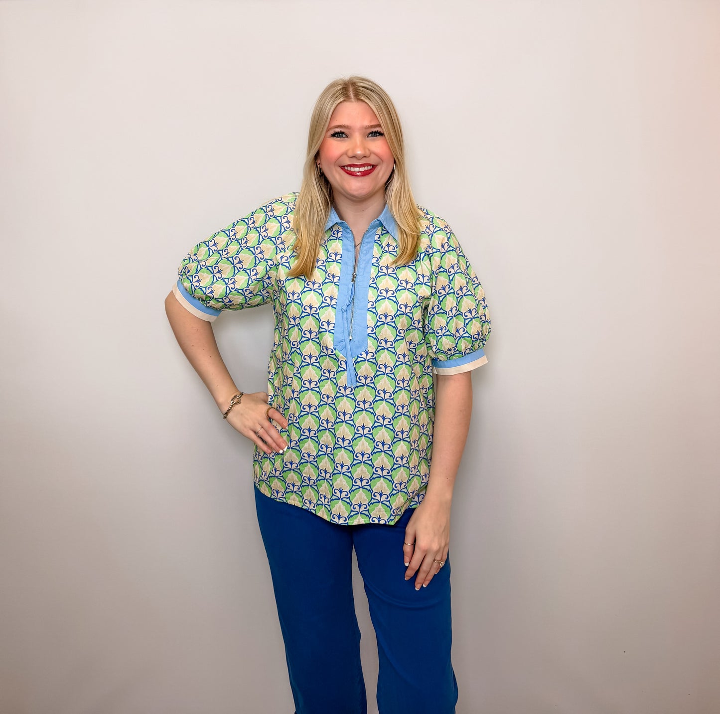 Short Sleeve Half Zip Printed Top