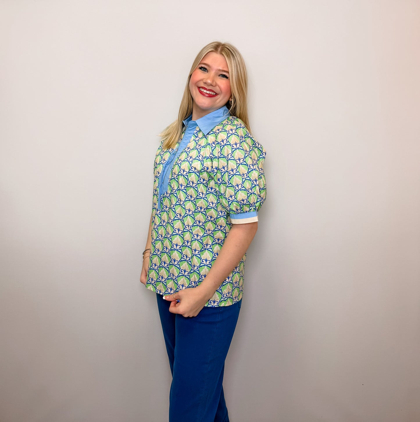 Short Sleeve Half Zip Printed Top