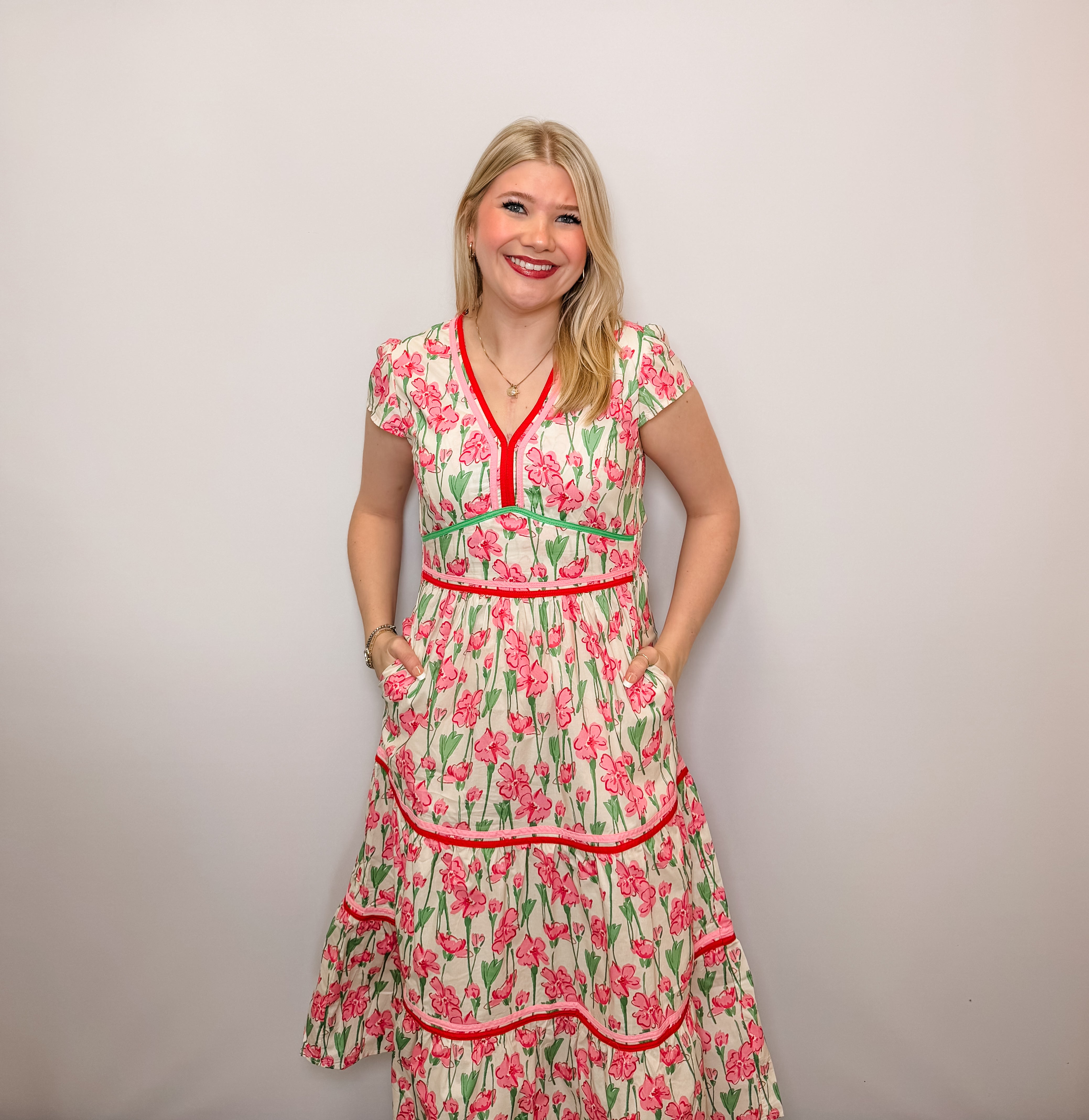 Cap Sleeve Floral Print Poplin Woven Tiered Dress