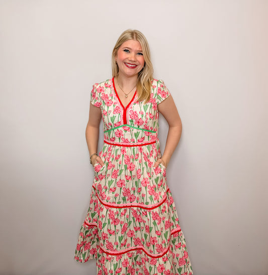 Cap Sleeve Floral Print Poplin Woven Tiered Dress