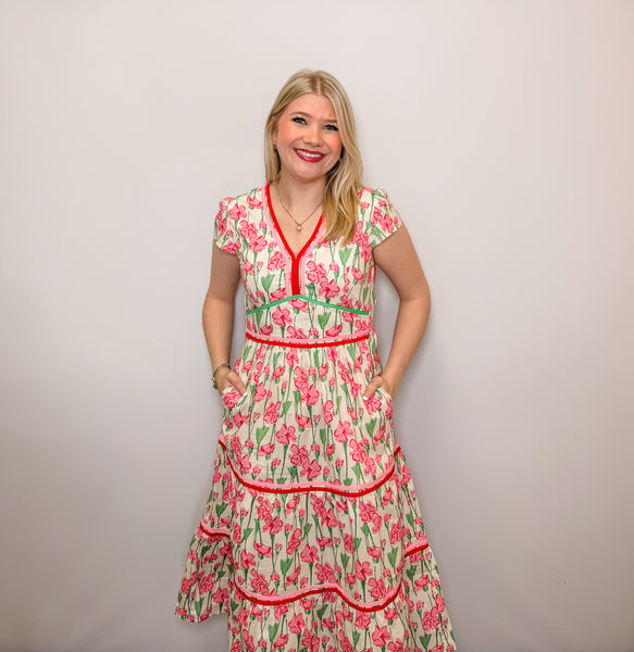 Cap Sleeve Floral Print Poplin Woven Tiered Dress