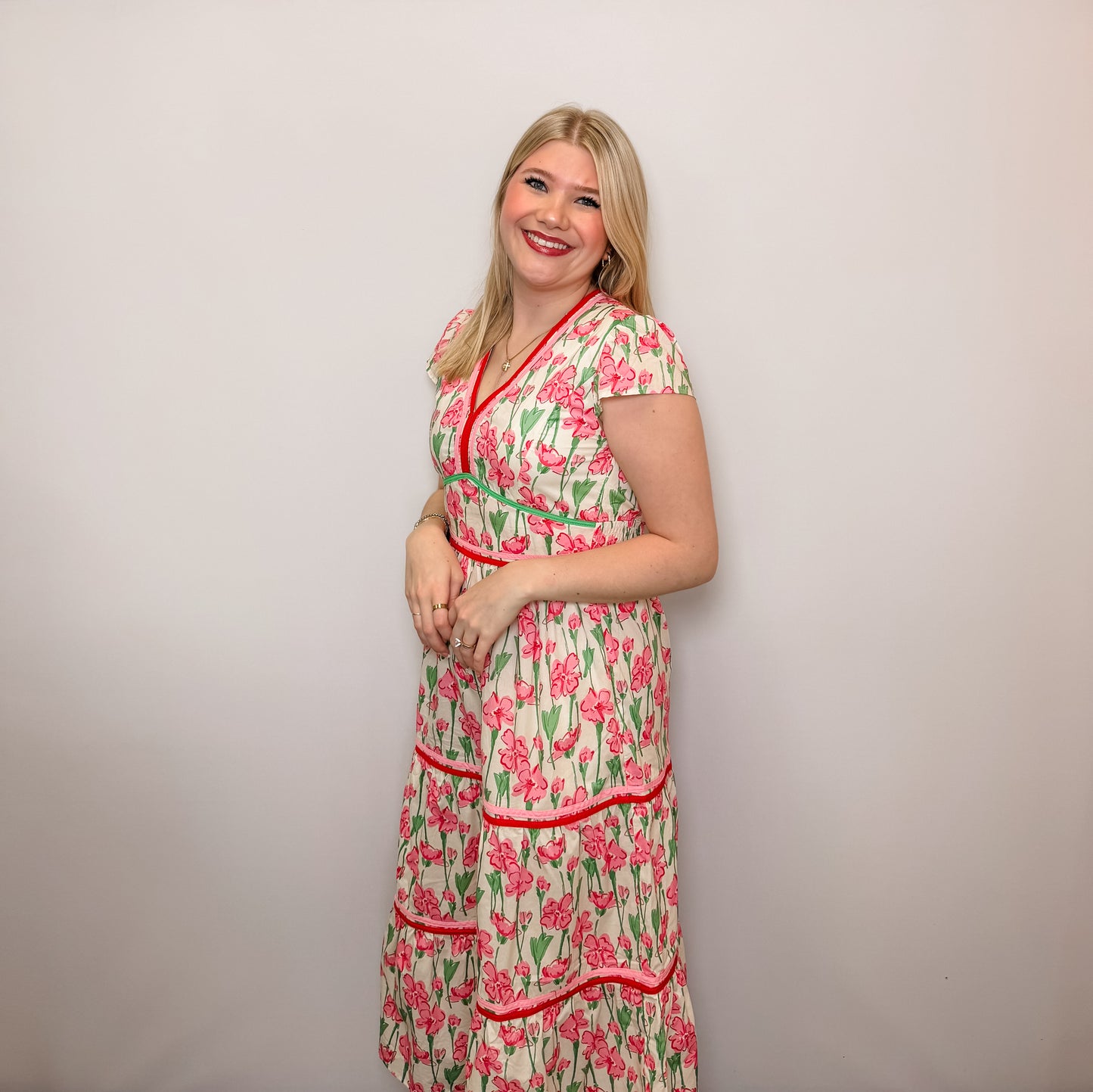 Cap Sleeve Floral Print Poplin Woven Tiered Dress