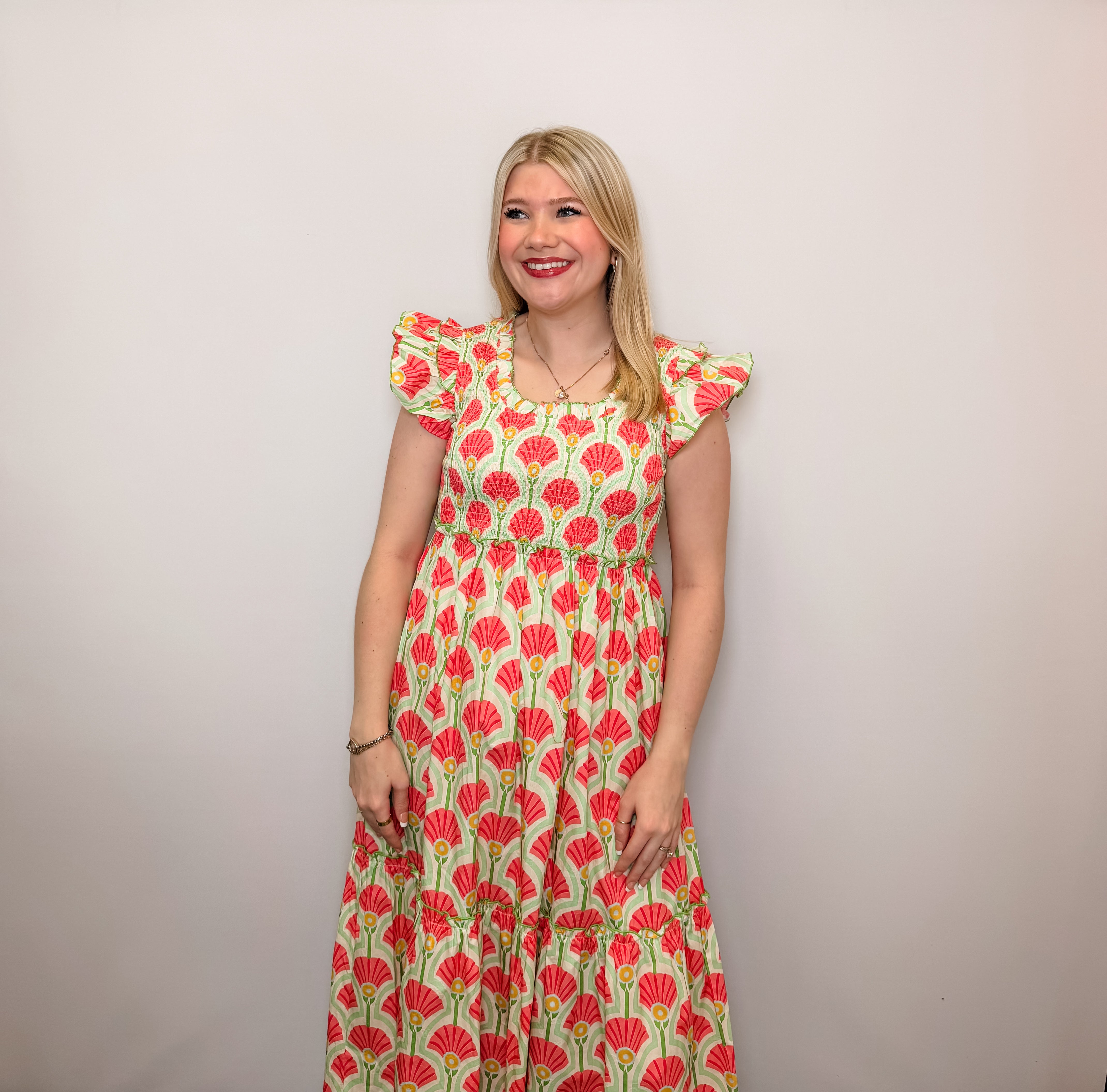 Bold Abstract Floral Print Smocked Maxi Dress