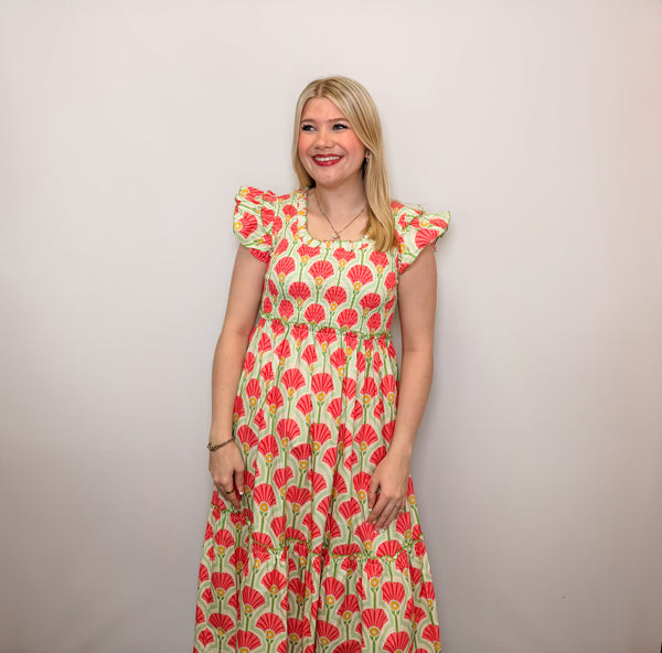 Bold Abstract Floral Print Smocked Maxi Dress