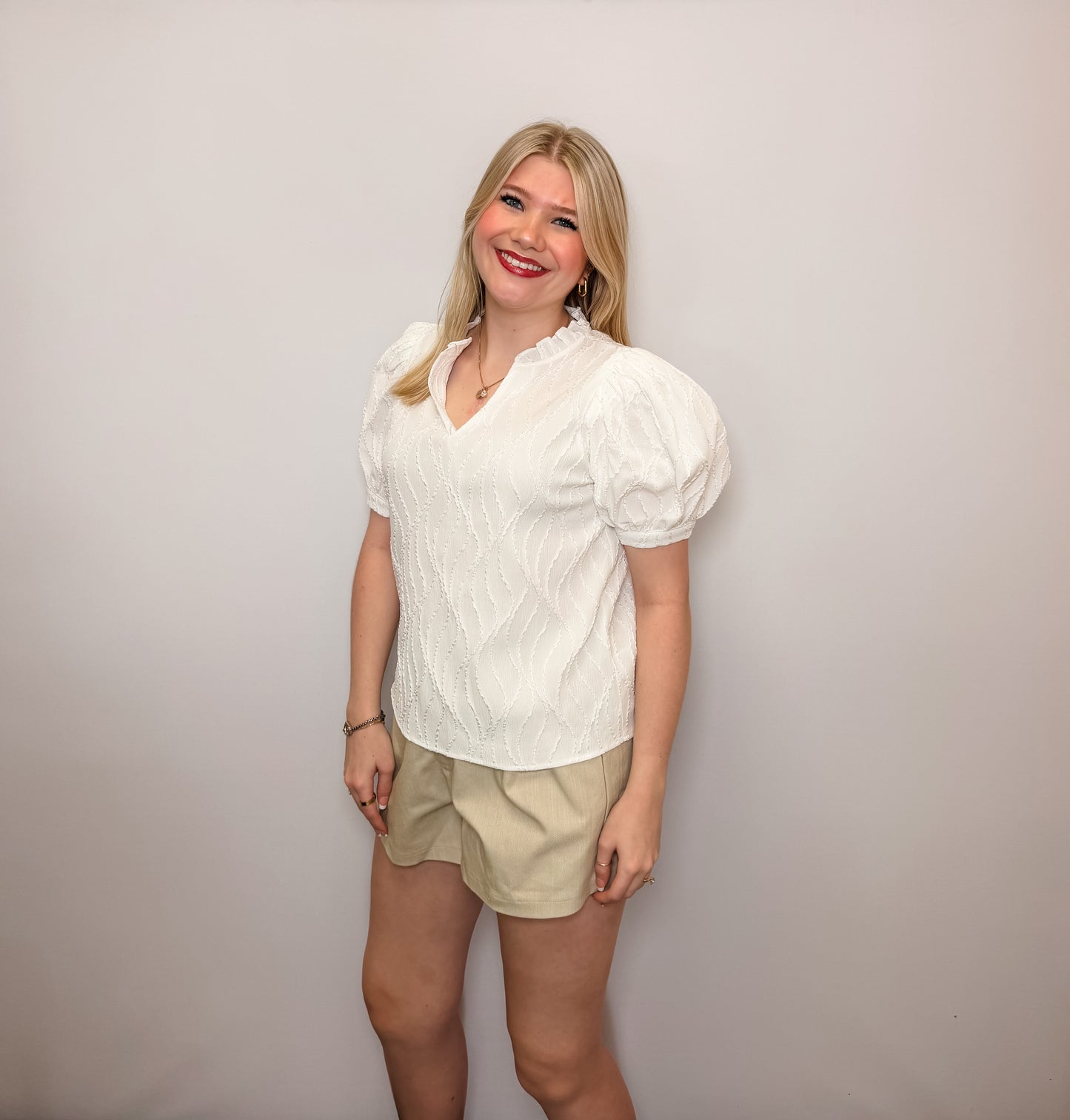 Ruffle V-Neck Puff Sleeve Top