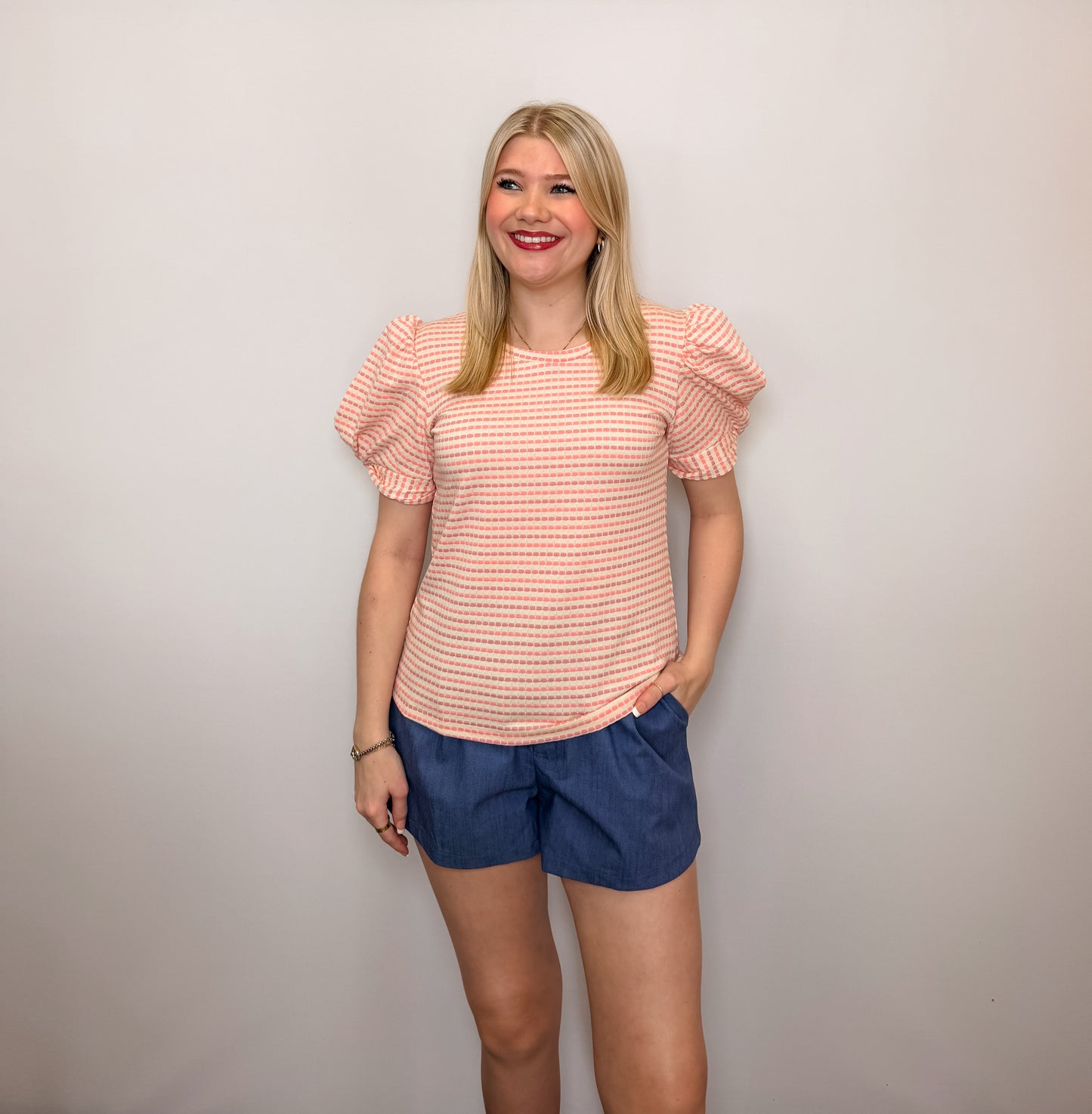 Round Neck Puff Sleeve Stripe Top