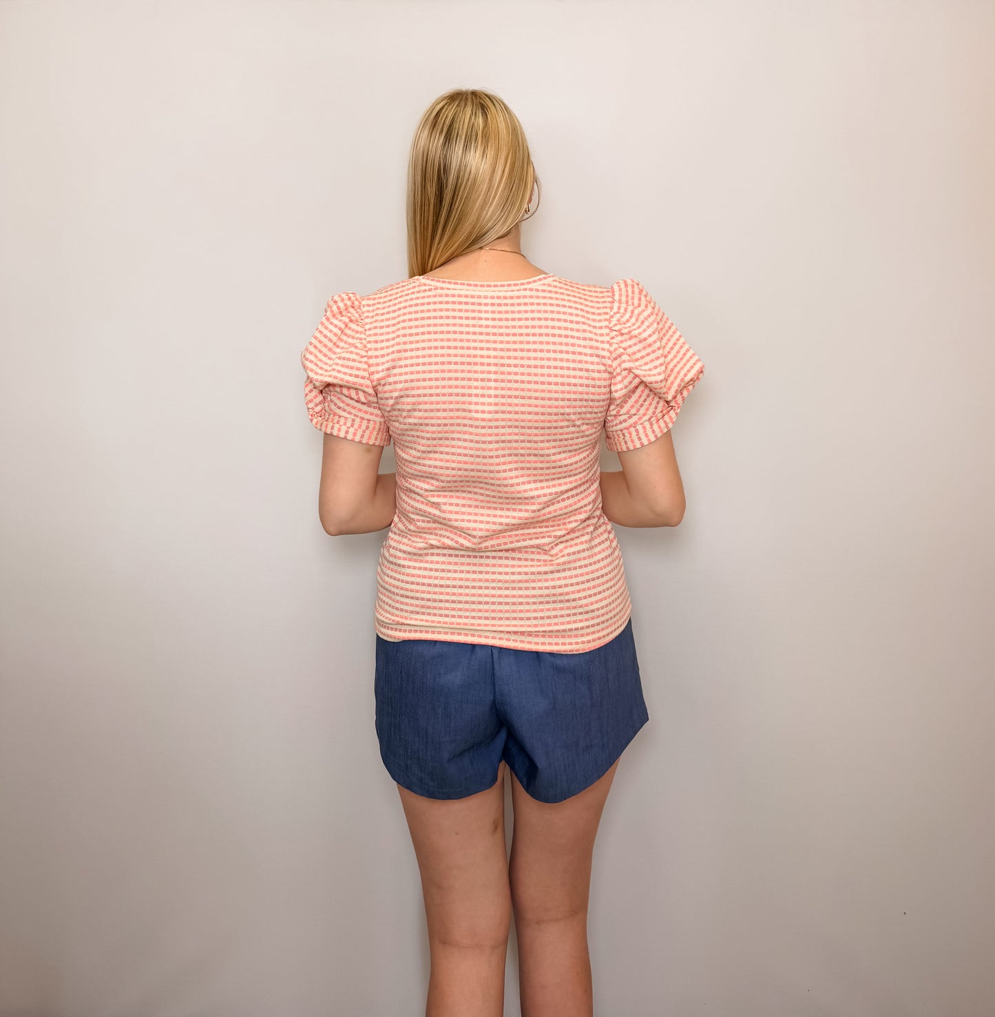 Round Neck Puff Sleeve Stripe Top