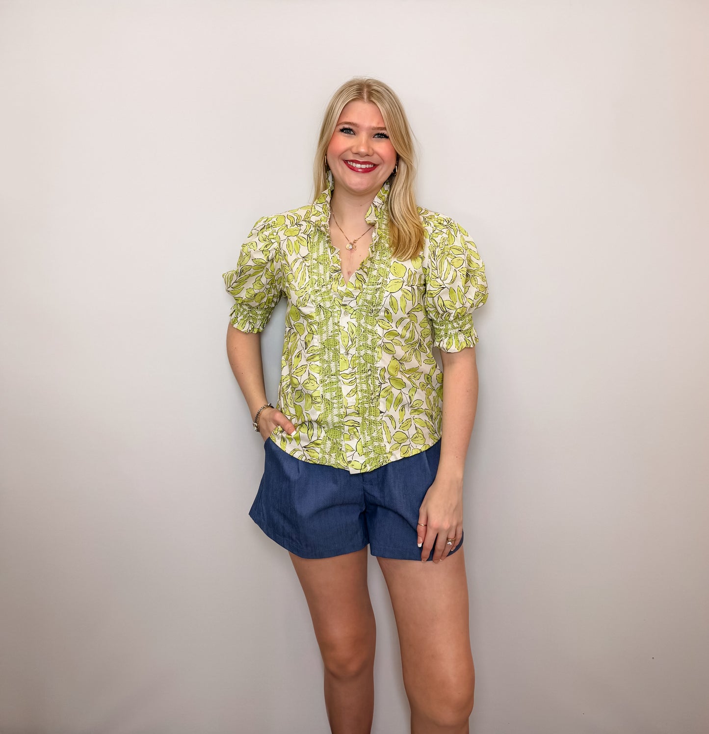 Ruffle V-Neck Smocked Puff Sleeve Blouse