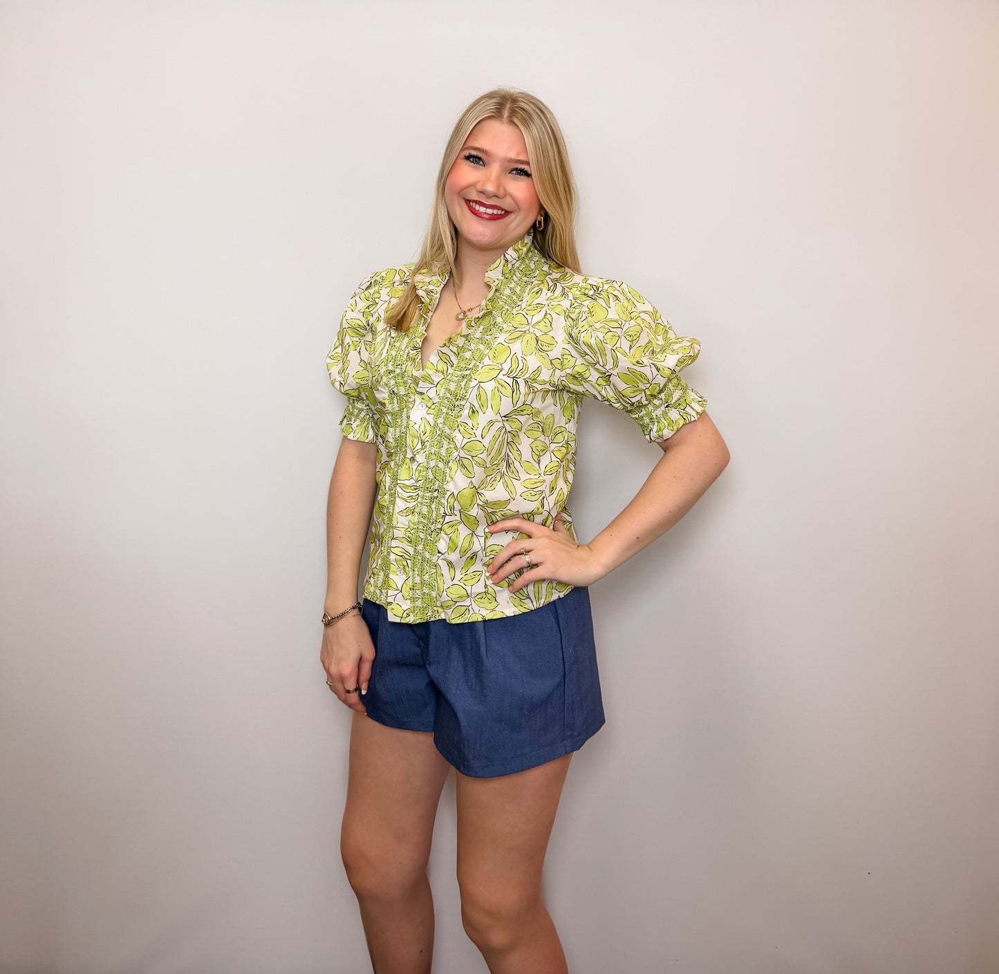 Ruffle V-Neck Smocked Puff Sleeve Blouse
