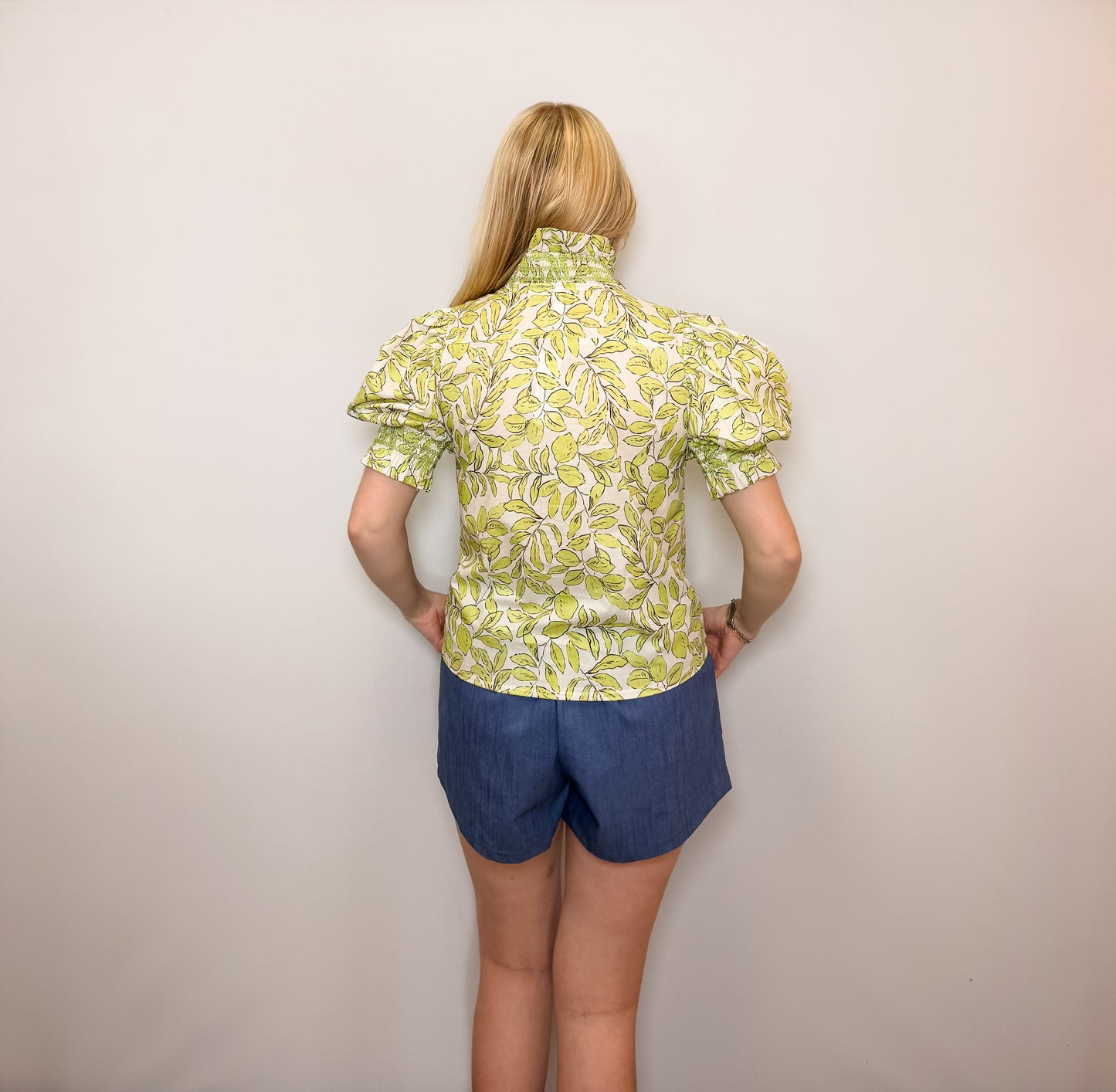 Ruffle V-Neck Smocked Puff Sleeve Blouse