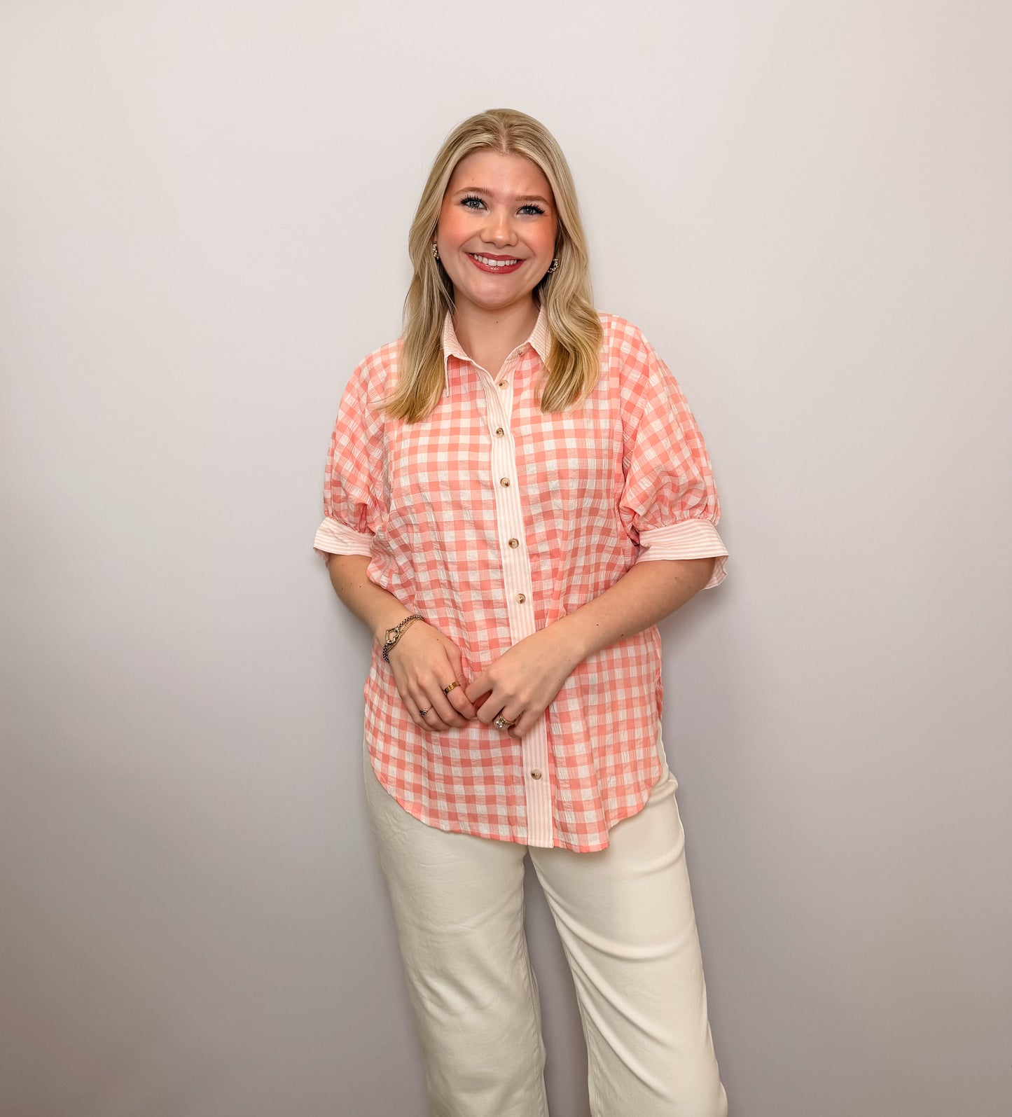 Everyday Rotation Gingham Stripe Mix Shirt with Dolman Sleeves