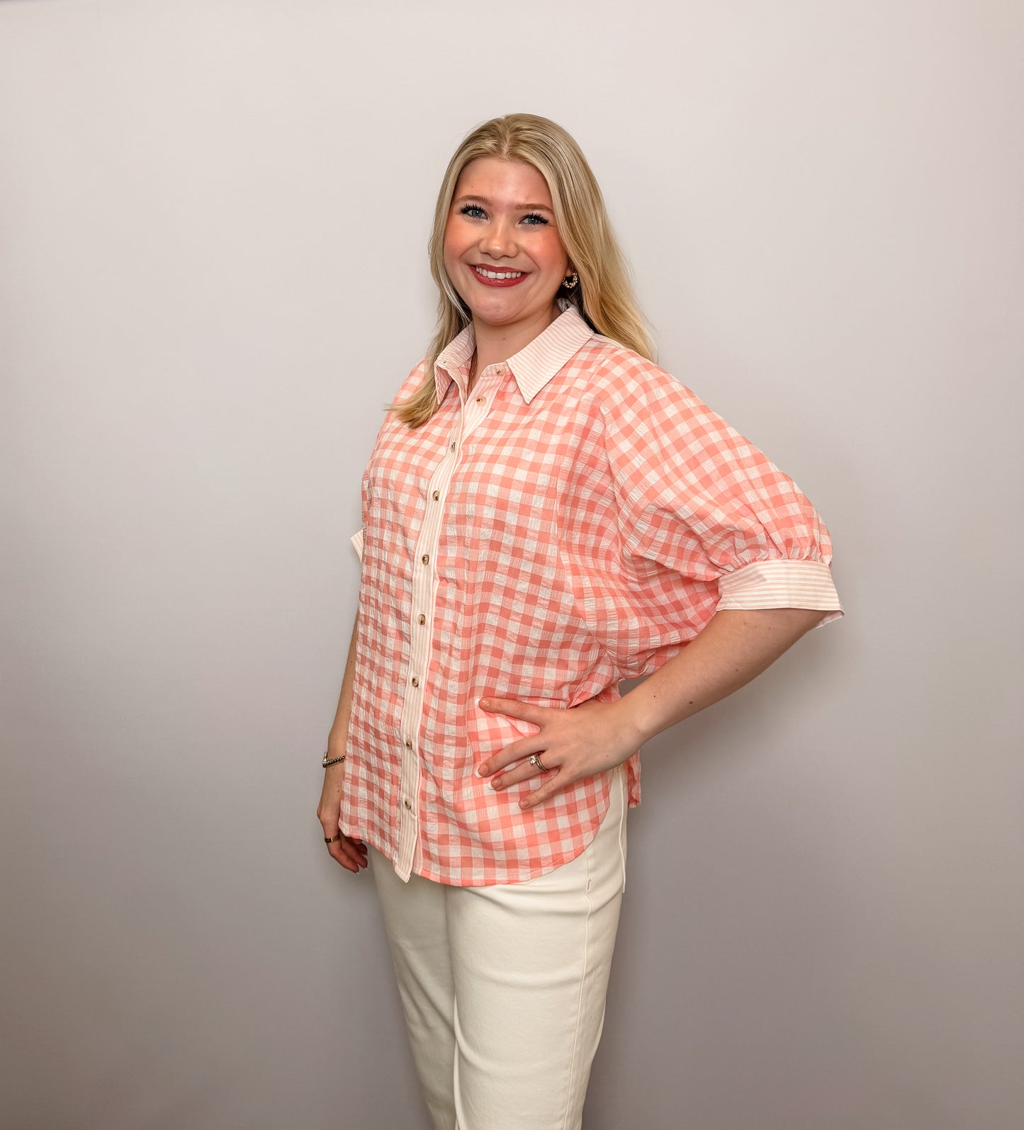Everyday Rotation Gingham Stripe Mix Shirt with Dolman Sleeves
