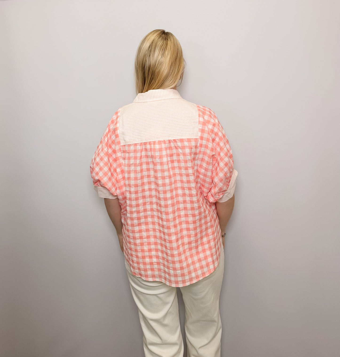 Everyday Rotation Gingham Stripe Mix Shirt with Dolman Sleeves