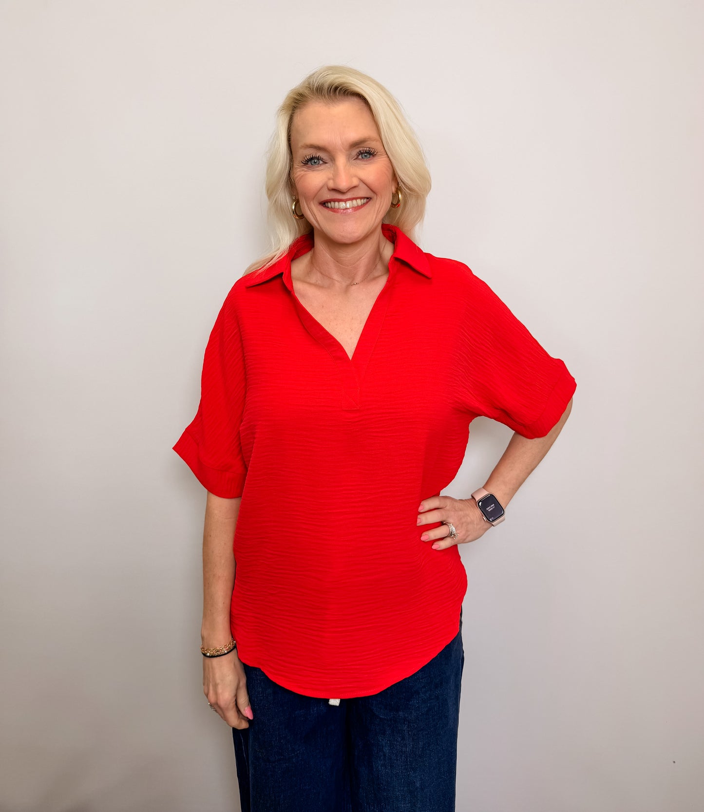 Woven Airflow Collared V-Neck Top
