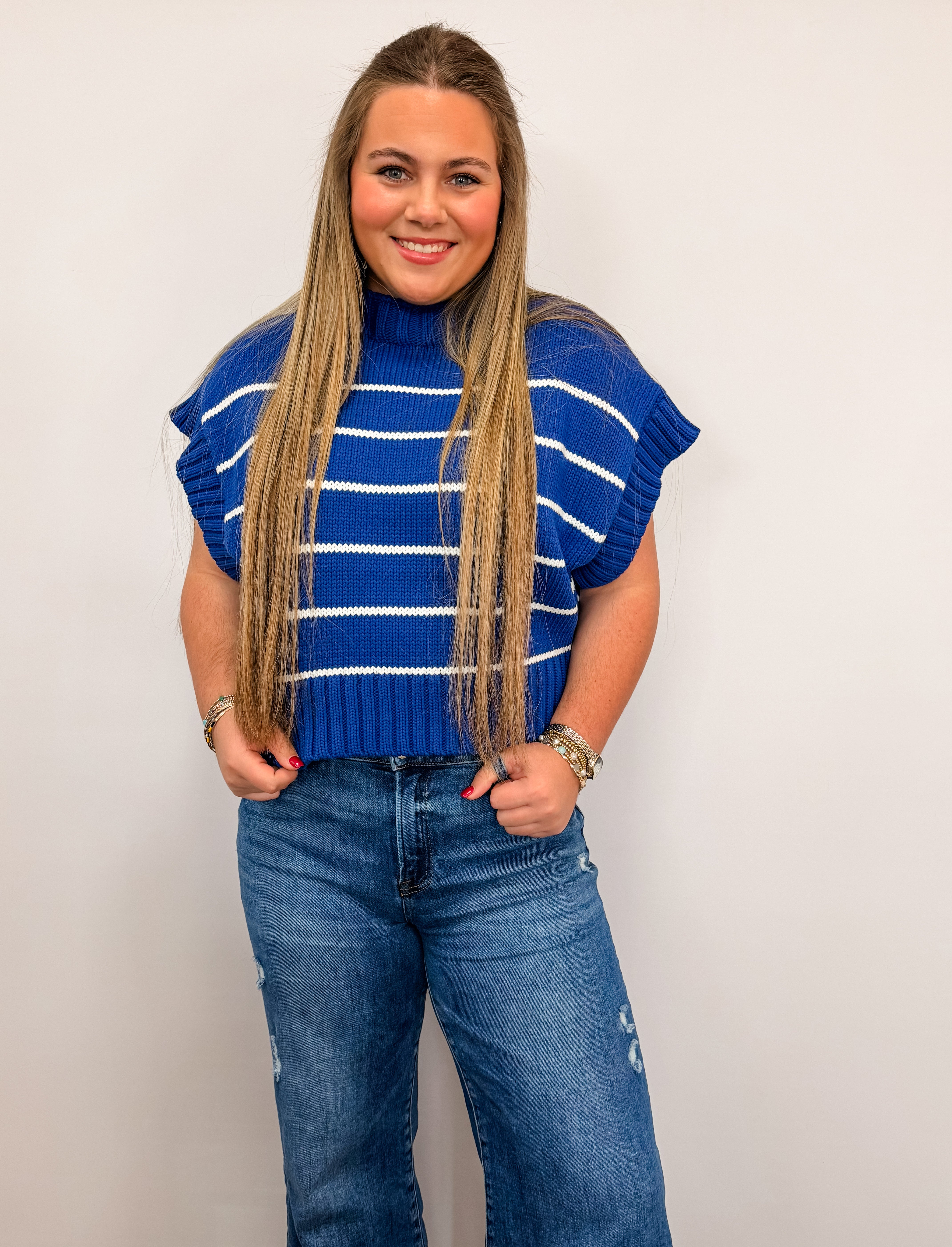 Striped Cropped Mock Neck Sweater