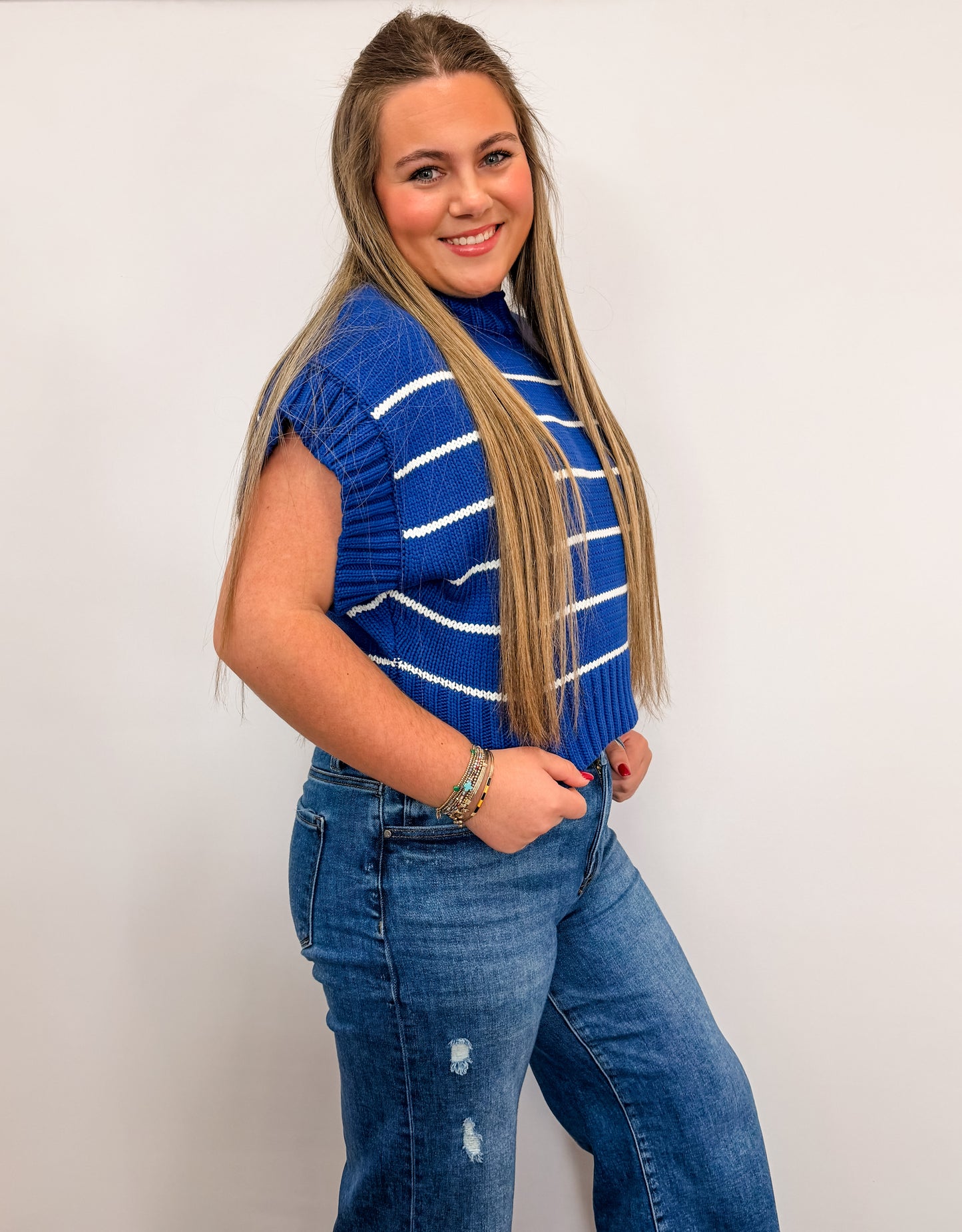 Striped Cropped Mock Neck Sweater