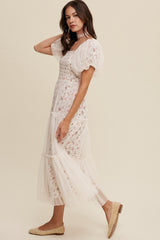 Floral Print + Mesh Puff Sleeve Maxi Dress