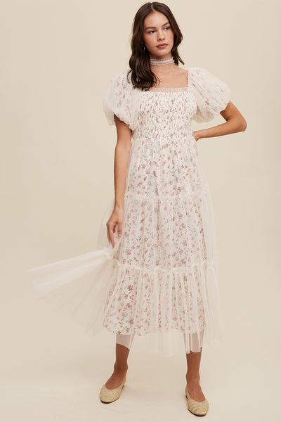 Floral Print + Mesh Puff Sleeve Maxi Dress