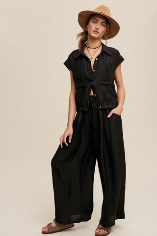 Button Down Top and Pleated Wide Leg Pants Set