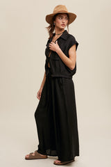 Button Down Top and Pleated Wide Leg Pants Set