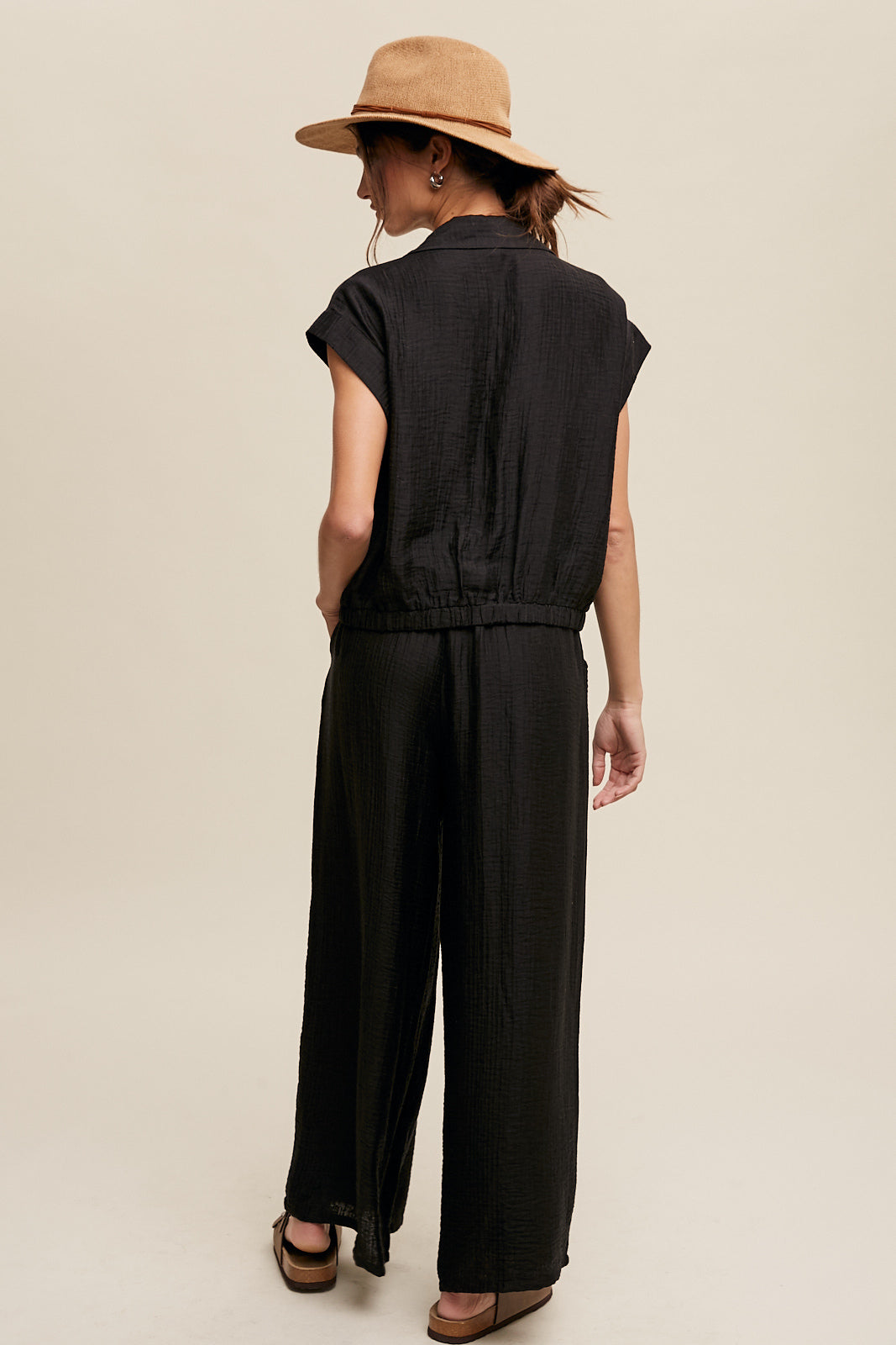 Button Down Top and Pleated Wide Leg Pants Set