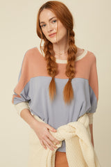 Fleeced Rib Color Block Dolman Sleeve Knit Top