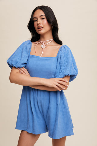 Square Neck Puff Sleeve Babydoll Romper