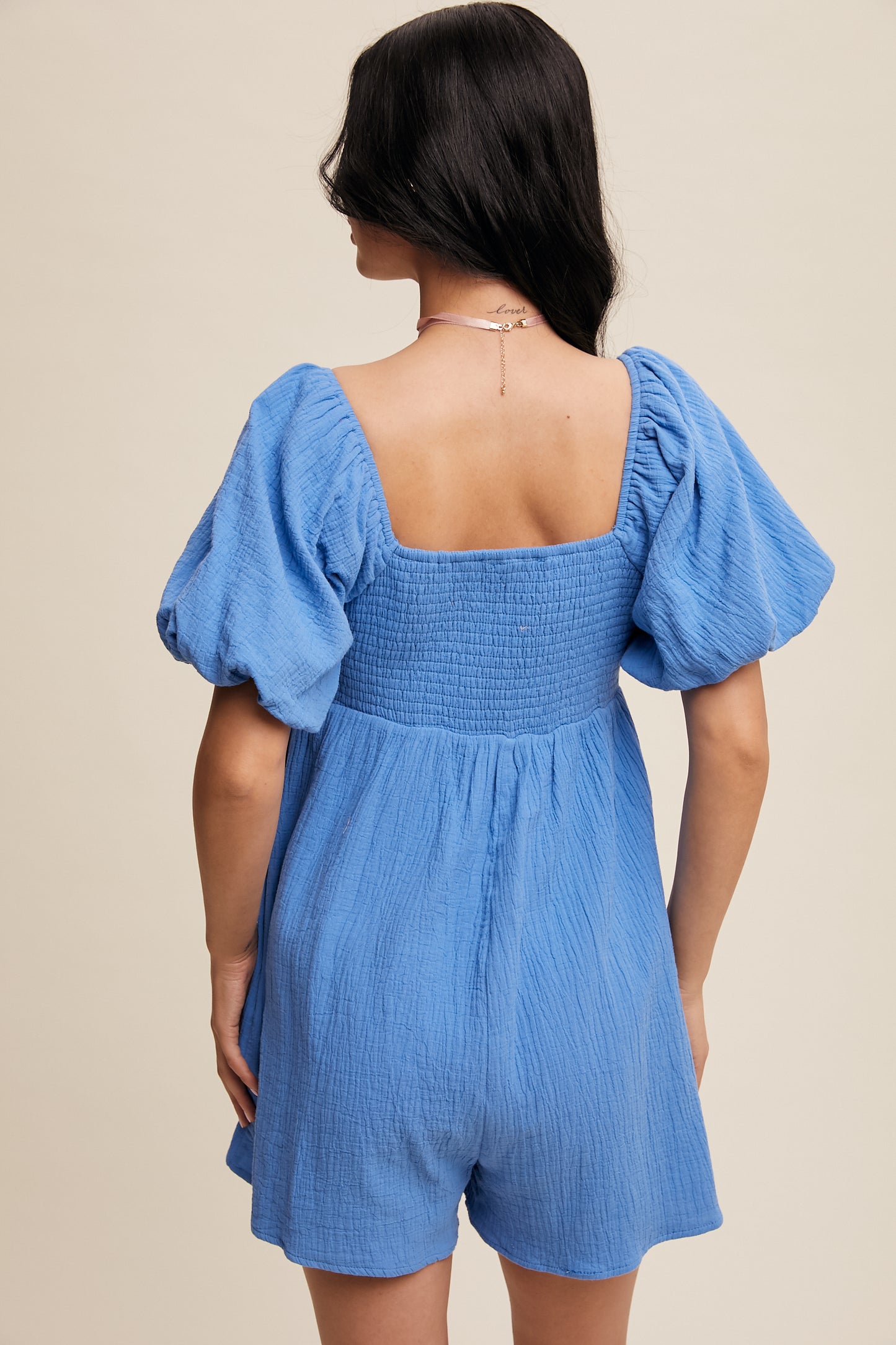 Square Neck Puff Sleeve Babydoll Romper