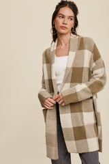 Gingham Shawl Collar Knit Long Cardigan