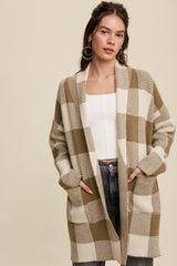 Gingham Shawl Collar Knit Long Cardigan