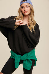 V-Neck Cinched Waist Long Sleeve Waffle Knit Top