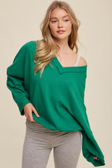 V-Neck Cinched Waist Long Sleeve Waffle Knit Top