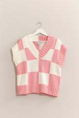 V-Neck Checkerboard Knit Sweater Vest