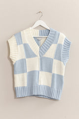 V-Neck Checkerboard Knit Sweater Vest