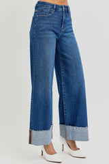 Risen - Tummy Control High Rise Crop Wide Cuffed Dark Wash Jeans