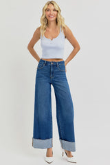 Risen - Tummy Control High Rise Crop Wide Cuffed Dark Wash Jeans