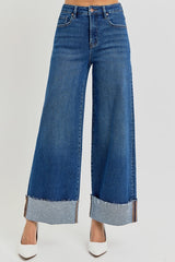 Risen - Tummy Control High Rise Crop Wide Cuffed Dark Wash Jeans