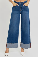 Risen - Tummy Control High Rise Crop Wide Cuffed Dark Wash Jeans