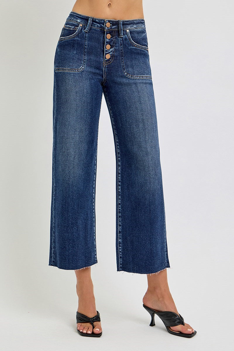 Risen - High Rise Crop Wide Button Down Jeans