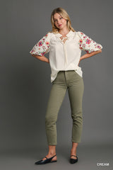 Embroidery Puff Sleeve Top with Ruffle V-Notched & Drawstring