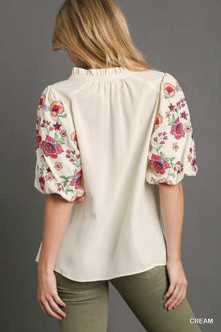 Embroidery Puff Sleeve Top with Ruffle V-Notched & Drawstring