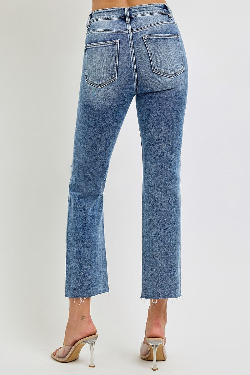 Risen - High Rise Crop Straight Button Down Distressed Jeans