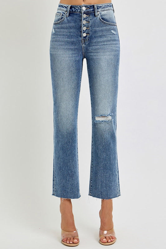 Risen - High Rise Crop Straight Button Down Distressed Jeans